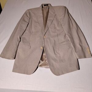 Lands End Cotton Cream Brown Stripe Blazer Sport Coat 42 L Summer! USA